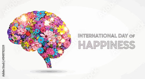 Colorful floral brain illustration celebrating International Day of Happiness with joyful and positivity concept on a clean white background.