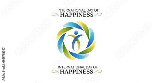 International Day of Happiness logo design with colorful swirling shapes and text on a white background, conveying a joyful and positive concept.