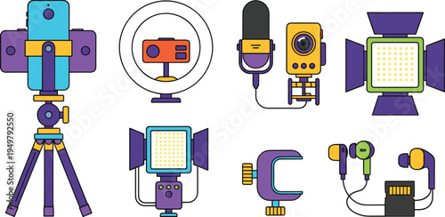 Photography and Content Creation Equipment Icon Collection Featuring Camera Tripod, Ring Light, Microphone, Camera, and Earphones