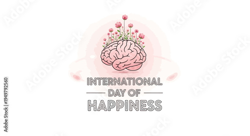 Vector illustration of a brain with flowers for International Day of Happiness, symbolizing joy and positivity concept with a focus on mental wellbeing and happiness awareness.
