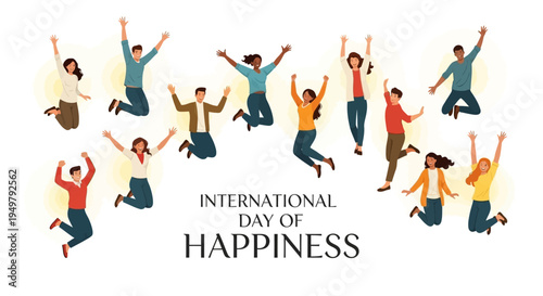 Vector illustration of diverse people jumping in joy, celebrating International Day of Happiness with colorful, dynamic graphics and text on a white background, conveying happiness and