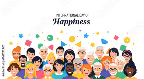 Diverse group of happy people celebrating International Day of Happiness with colorful confetti against a white background.