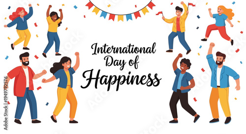 Vector illustration of diverse people celebrating International Day of Happiness with colorful confetti and joyful expressions on a white background.