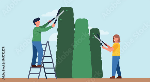 Two people trim bushes with large shears, one on a ladder