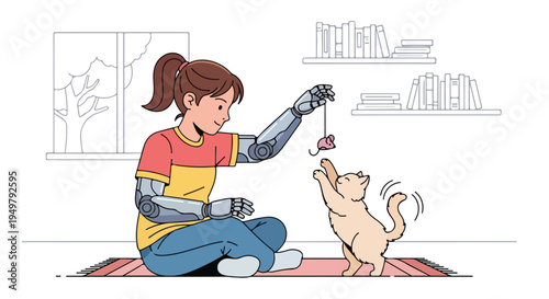 Person with prosthetic arms plays with a cat next to bookshelves and a window