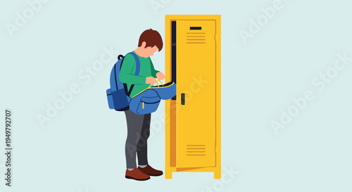 Young student accessing backpack contents by an open school locker