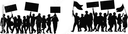 Protest crowd silhouettes holding banners and flags during demonstration, group of activists marching for rights, social movement and political protest concept