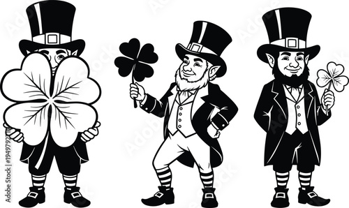 Leprechaun character set with shamrock clover leaf for St Patricks Day celebration Irish folklore myth lucky man mascot vector illustration