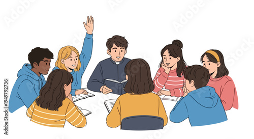 A group of diverse young individuals and a clergyman in a religious study session
