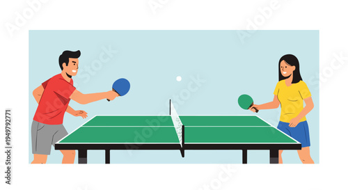 Young man and woman playing table tennis outdoors on a sunny day