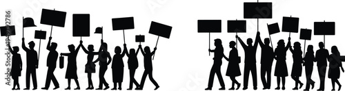 Protest crowd silhouettes holding banners during demonstration march, group of activists raising signs for social movement, public protest and civil rights concept