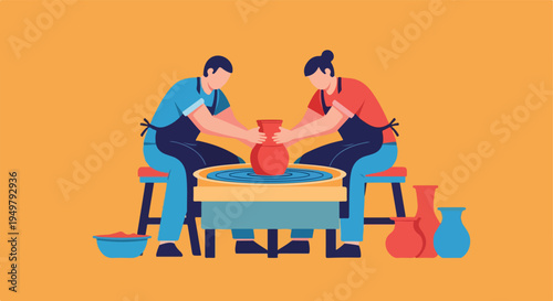 Two people shaping clay on a pottery wheel with finished vases nearby