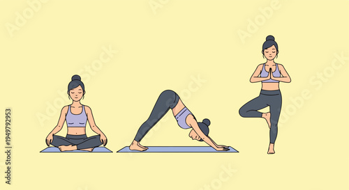 Three women in yoga poses, illustrating meditation, stretching, and balance