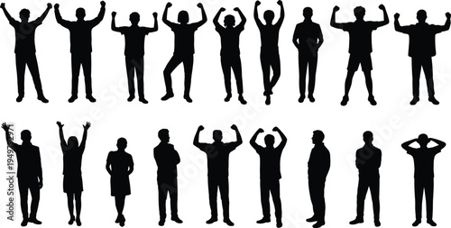 Set of cheering people silhouettes with raised arms celebrating victory, success and achievement, diverse human figures expressing excitement, motivation and positive energy