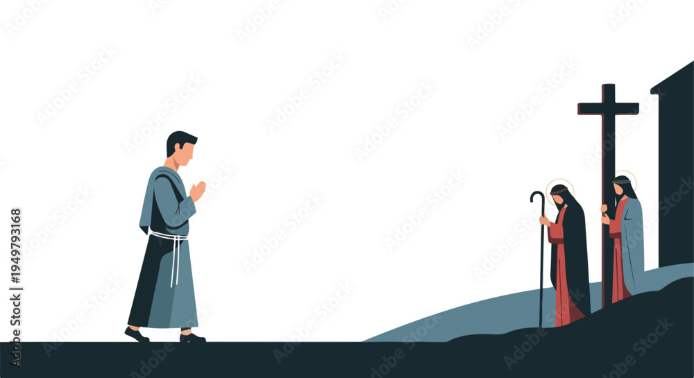 Naklejka premium A lone figure in prayer faces distant figures near a cross and building