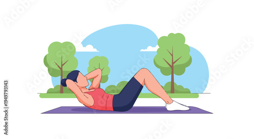 Woman performs abdominal crunches on a mat in a park with trees and sky