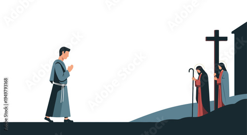 A lone figure in prayer faces distant figures near a cross and building