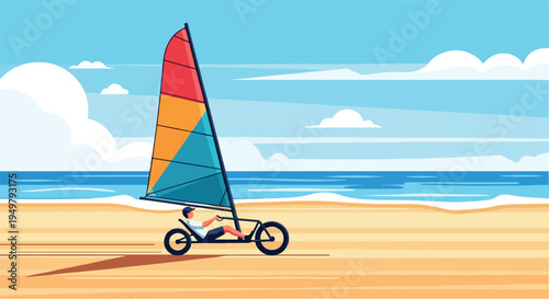 Man on land yacht sails across beach with ocean and clouds in background