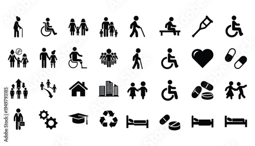 Accessibility and healthcare icons depicting diverse people and medical facilities