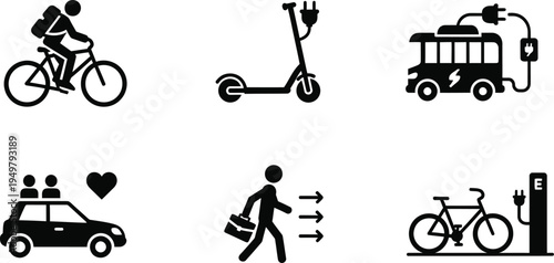 Eco-Friendly Urban Mobility and Sustainable Transportation Icon Set, Flat Vector Icons of Electric Scooter, Commuter Bicycle, EV Charging Station, Carpooling, and Pedestrian Walking for UI Design