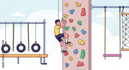 Person climbing a wall with swings and rings for recreation