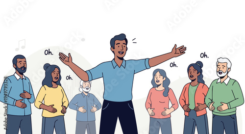 Diverse group of people singing together with a conductor leading