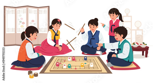 Children in traditional Korean attire playing a board game indoors