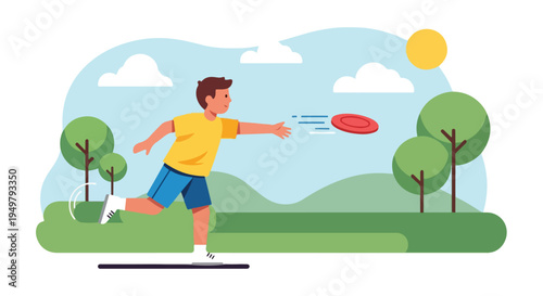 Cartoon boy throwing a red frisbee in a park with trees and sun