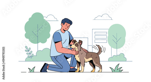A person kneels to pet a happy dog in a park setting with trees and buildings