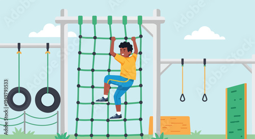 A boy climbs a green net obstacle course on a clear day