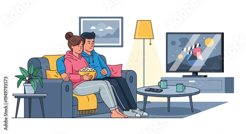 Couple relaxing on sofa, watching TV with popcorn and drinks