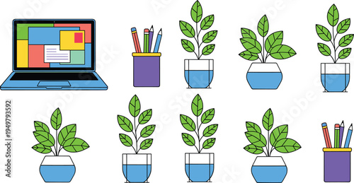 Workspace Essentials Icon Collection Featuring Laptop, Pencils, Plant Pots, and Notebooks