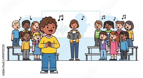 A diverse group of children and their teacher perform in a choir on risers