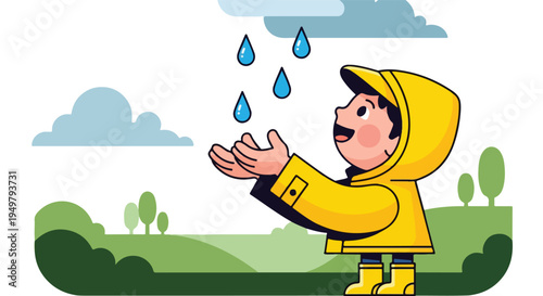 Cheerful child in yellow raincoat catches raindrops outdoors on a cloudy day