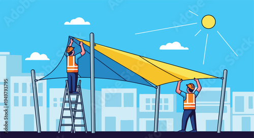 Workers install a sunshade over a city
