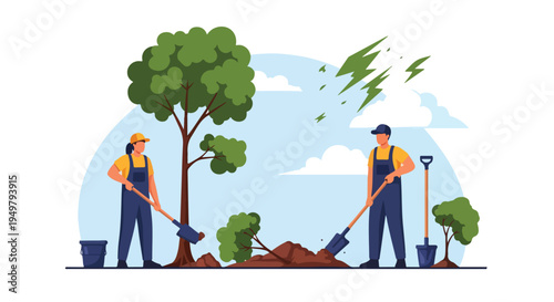 Two individuals in blue overalls are planting trees under a bright sky with clouds