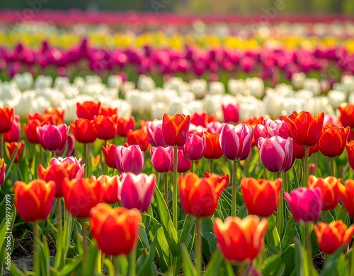Red and Yellow Tulips Blooming in Spring Garden