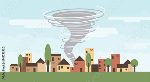 A tornado looms over a stylized town with buildings and trees