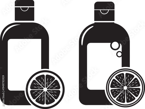 Liquid bottle with orange slice icon silhouette illustration