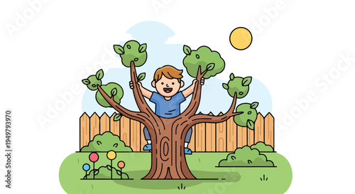 Cheerful child in a tree with playful surroundings under a bright sun