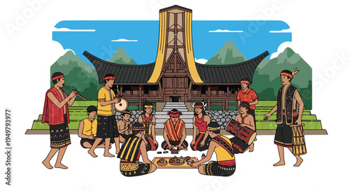 Indigenous people gather for a ceremony with music and food near traditional architecture