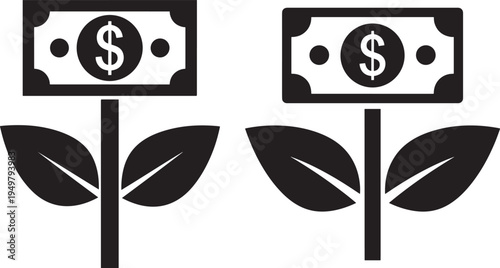 Money growing on plant icon, finance investment concept