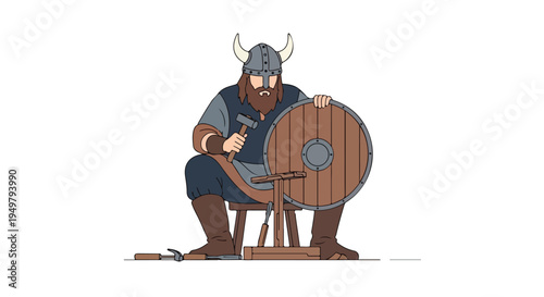 Cartoon Viking craftsman hammering a shield on a stand with tools