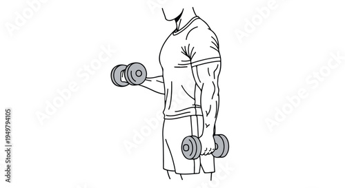 Line art illustration of a person performing a bicep curl with dumbbells