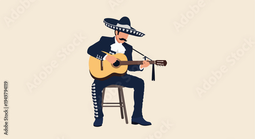 Man in a sombrero and mariachi suit plays a guitar while seated on a stool