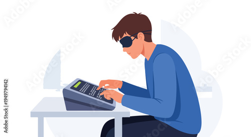 A person wearing a blindfold types on a braille display device