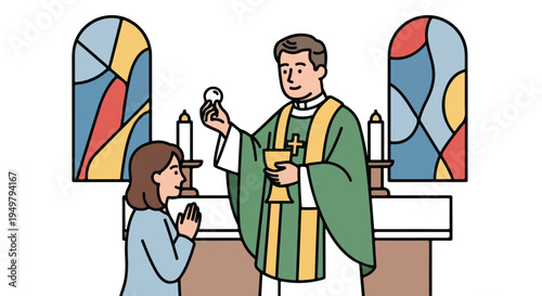 A priest holds a communion wafer and chalice for a kneeling person