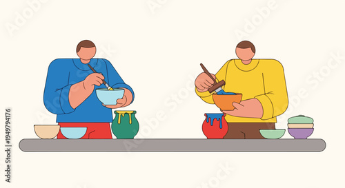 Two people in stylized form are painting with brushes and colorful paints