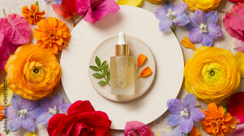 Wallpaper Mural Natural Skincare Serum Bottle Surrounded by Vibrant Flowers Torontodigital.ca