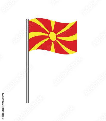 Vector illustration of the North Macedonia flag waving on flagpole, isolated on white background. Perfect for design, educational, and patriotic projects